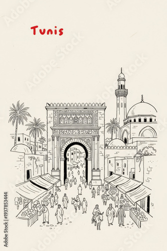 Tunis, Tunisia Pen Line Art Illustration of City Landmark and Travel Scene