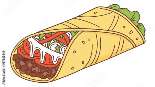 Vector illustration of Delicious burrito filled with lettuce, tomatoes, onions, and sour cream