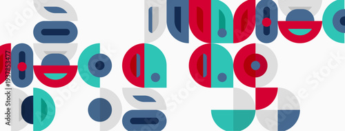 Abstract geometric pattern. Circles, semicircles, arcs create playful composition. Red, teal, gray dominate design. Minimalist style.