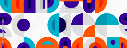 Abstract geometric pattern. Circles, semicircles, arcs create playful design. Orange, teal, purple dominate white background. Modern aesthetic.