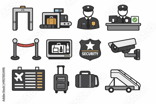 Airport security icons: metal detector, luggage scan, security checkpoint, surveillance, boarding gate, baggage carousel