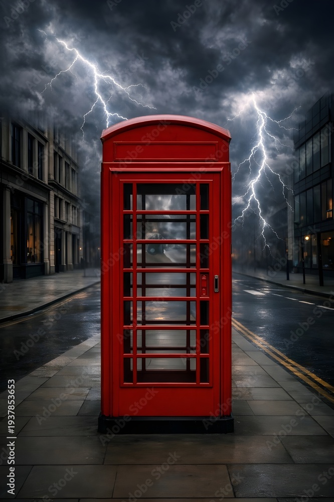 Fototapeta premium Dramatic Red Telephone Booth on a Deserted London Street During a Powerful Lightning Storm and Dark Moody Clouds at Twilight