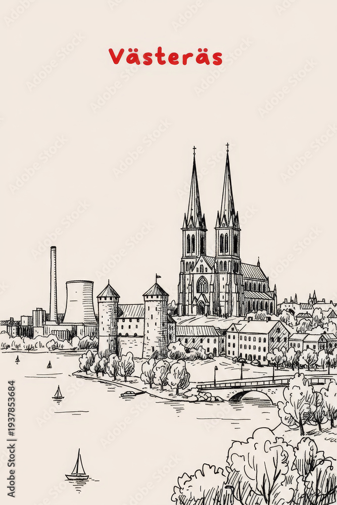 Fototapeta premium Västerås, Sweden Pen Line Art Illustration of City Landmark and Travel Scene