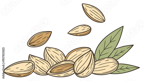 Vector illustration of Almonds with leaves scattered, healthy nuts and vegan food illustration in a simple, clean style.