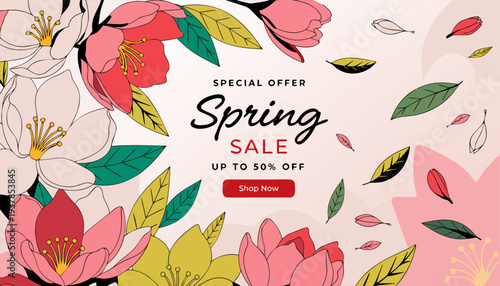 A colorful spring sale advertisement with floral illustrations and a special offer of up to 50% off
