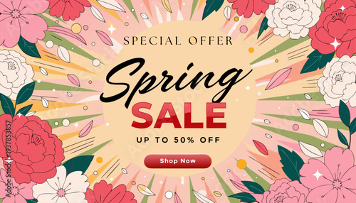 A vibrant spring sale advertisement with colorful flowers and a special offer