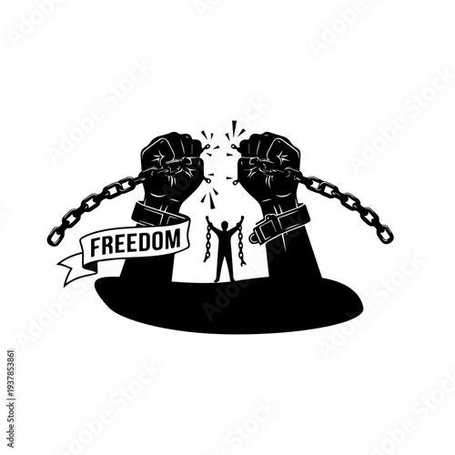 Freedom Concept Silhouette – Broken Chains Fists with Human Liberty Symbol

