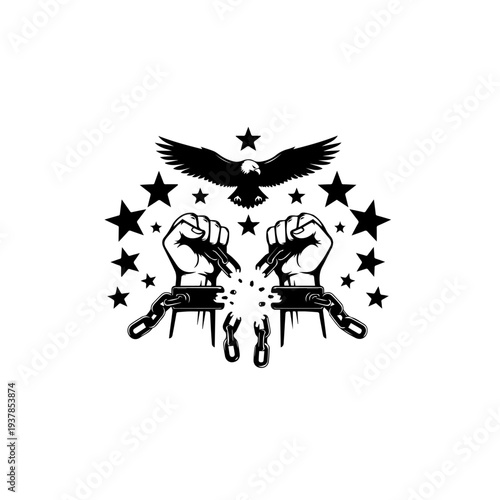 Freedom Revolution Symbol – Breaking Chains Fists with Eagle and Stars Illustration

