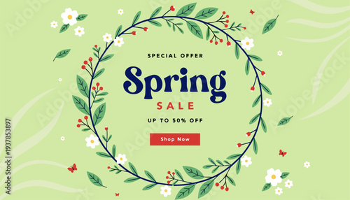 A colorful spring sale advertisement with a floral wreath and special offer details