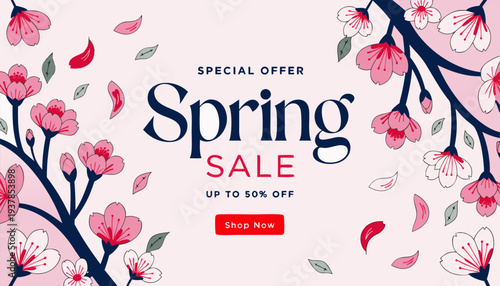 A colorful spring sale advertisement with floral design and special offer