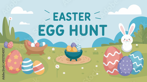 A colorful Easter egg hunt scene with a bunny in a green field