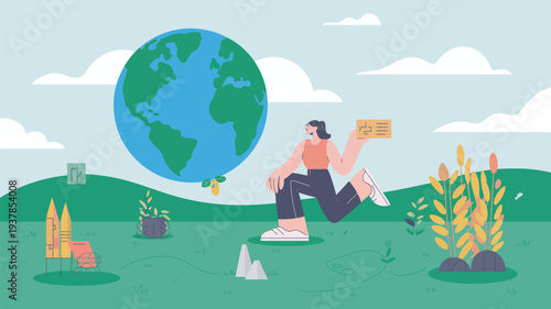 A woman runs in a green field with a globe and a credit card, surrounded by plants and buildings.