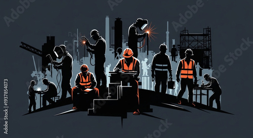 Construction workers building a city skyline silhouette.