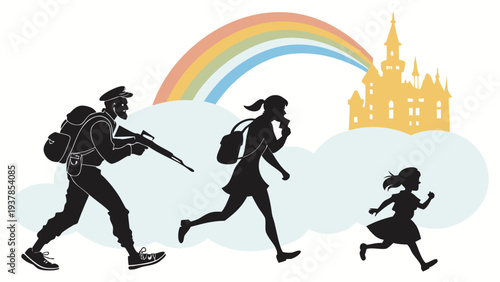 Vector illustration of Silhouetted soldier chasing a woman and child towards a rainbow and castle, symbolizing hope