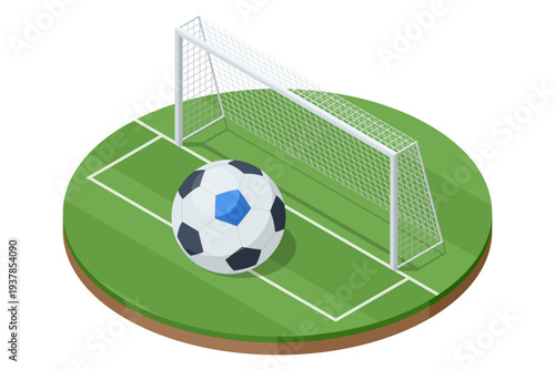 Isometric football goalkeeper defending goal with soccer ball near net on field. Sport defense action concept. Championship competition, teamwork, training and professional stadium sport event.