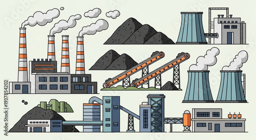 Industrial power plant complex with cooling towers and smokestacks.