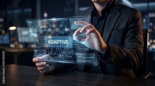 Adaptive Corporate Structures: Businessman engages with a transparent screen for adaptive corporate structures.