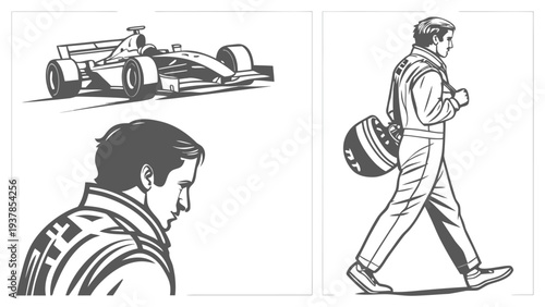 Vector illustration of Professional Formula Racing Car and Driver Illustrations in Retro Black and White Line Art Style