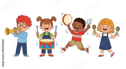 Four happy children playing musical instruments including a trumpet drum tambourine and maracas