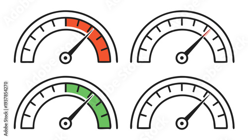 Vector illustration of Set of four gauge meters showing different levels, from low to high, for performance