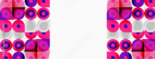 Pattern features repeating circles, squares. Pink, purple hues dominate design. White space provides contrast, balance. Simple geometry creates visual rhythm.