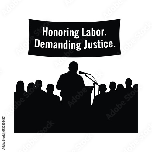 Speaker addressing crowd with labor justice banner at rally