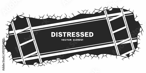 Horizontal distressed black grunge banner vector, cracked stone or broken earth texture frame with root-like thorny branches and fragmented rock particles for gothic, Halloween. 