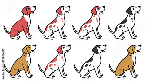 Vector illustration of Set of eight cartoon dogs in various colors and spot patterns sitting in profile illustration