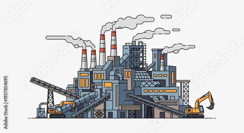 Industrial factory with smoking chimneys and machinery.