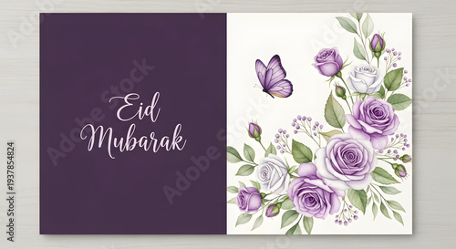 Optimized title (SEO-friendly, detailed, descriptive)
Eid Mubarak Floral Greeting Card with Purple and White Roses, Elegant Script Typography, Dark Purple Background, Whimsical Eid Card for Ramadan an