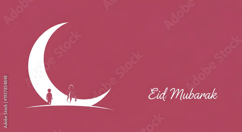 Optimized title:
Eid Mubarak Night Sky Card with Curious Child Gazing at Crescent Moon and Star, Purple Pink Gradient Illustration, Ramadan Greeting for Kids and Families