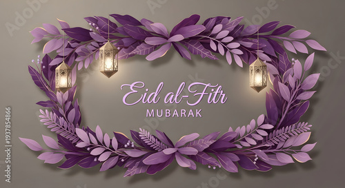 Title: Eid al-Fitr Mubarak Decorative Banner with Purple Leaf Frame and Gold Lanterns, Elegant Islamic Celebration Header for Cards, Social Media, and Invitations