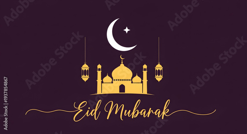 Optimized title
Eid Mubarak Night Scene with Large Golden Crescent Moon, City Silhouettes, Ornate Lanterns, and Elegant Script
