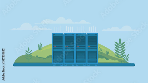 A large blue server sits on a green hill with plants and a cloudy sky in the background.