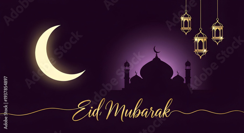 Optimized title
Eid Mubarak Night Scene with Large Golden Crescent Moon, City Silhouettes, Ornate Lanterns, and Elegant Script