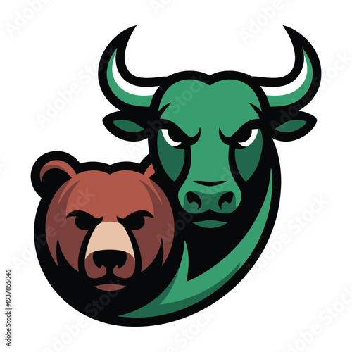 Stylized illustration of a green bull and a brown bear representing financial market trends.