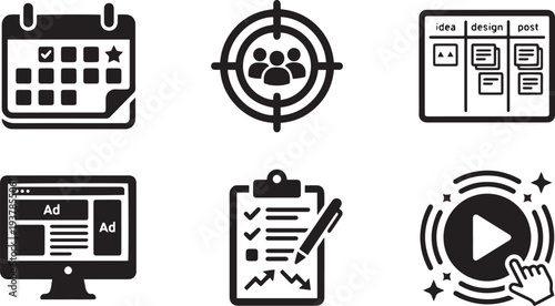 Digital Marketing Strategy Icons for Planning Targeting Design and Video Ads

