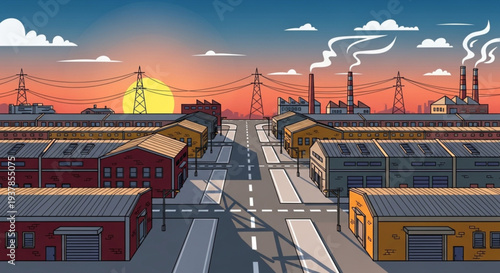 Industrial landscape with factories and power lines at sunset.