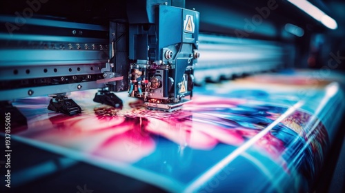 Close-up of a large format printer head applying vibrant ink onto a colorful printed surface