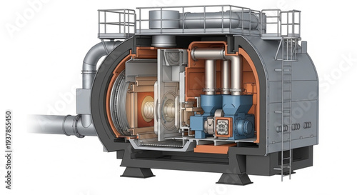 Detailed cross section of a powerful industrial gas turbine engine.
