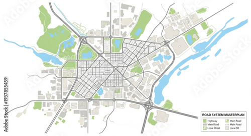 City Map with River and Roads.