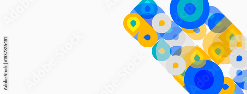 Abstract circles, blue, yellow, green hues dominate lower right corner. Minimalist design, clean background. Modern aesthetic.
