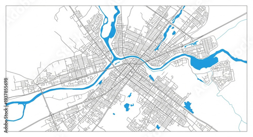 City Map with River and Lakes.