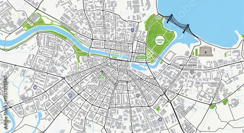 City Map with River and Park.