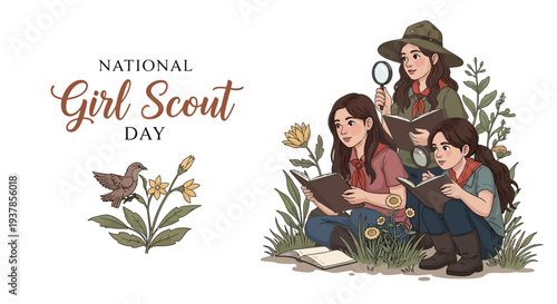 Illustration of girl scouts on national girl scout day participating in outdoor activities and education.
