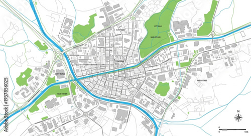 City Map with River and Parks.