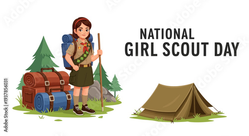 Girl scout celebrating National Girl Scout Day with camping gear and outdoor adventure activities.