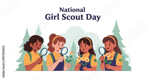 Four girl scouts in uniform participate in outdoor activities on National Girl Scout Day with magnifying glasses and a flower.