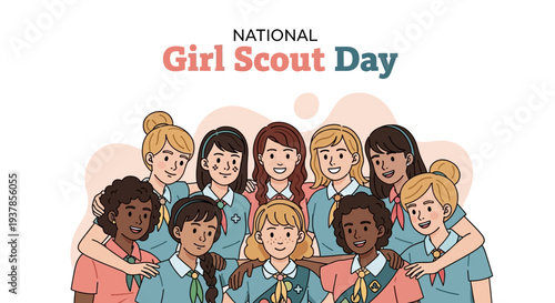 Diverse group of young girls in Girl Scout uniforms celebrating National Girl Scout Day with teamwork and community service