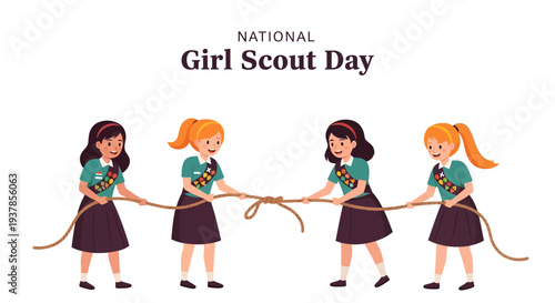 Four diverse Girl Scouts in uniform pulling a rope together on National Girl Scout Day, symbolizing teamwork and community service.